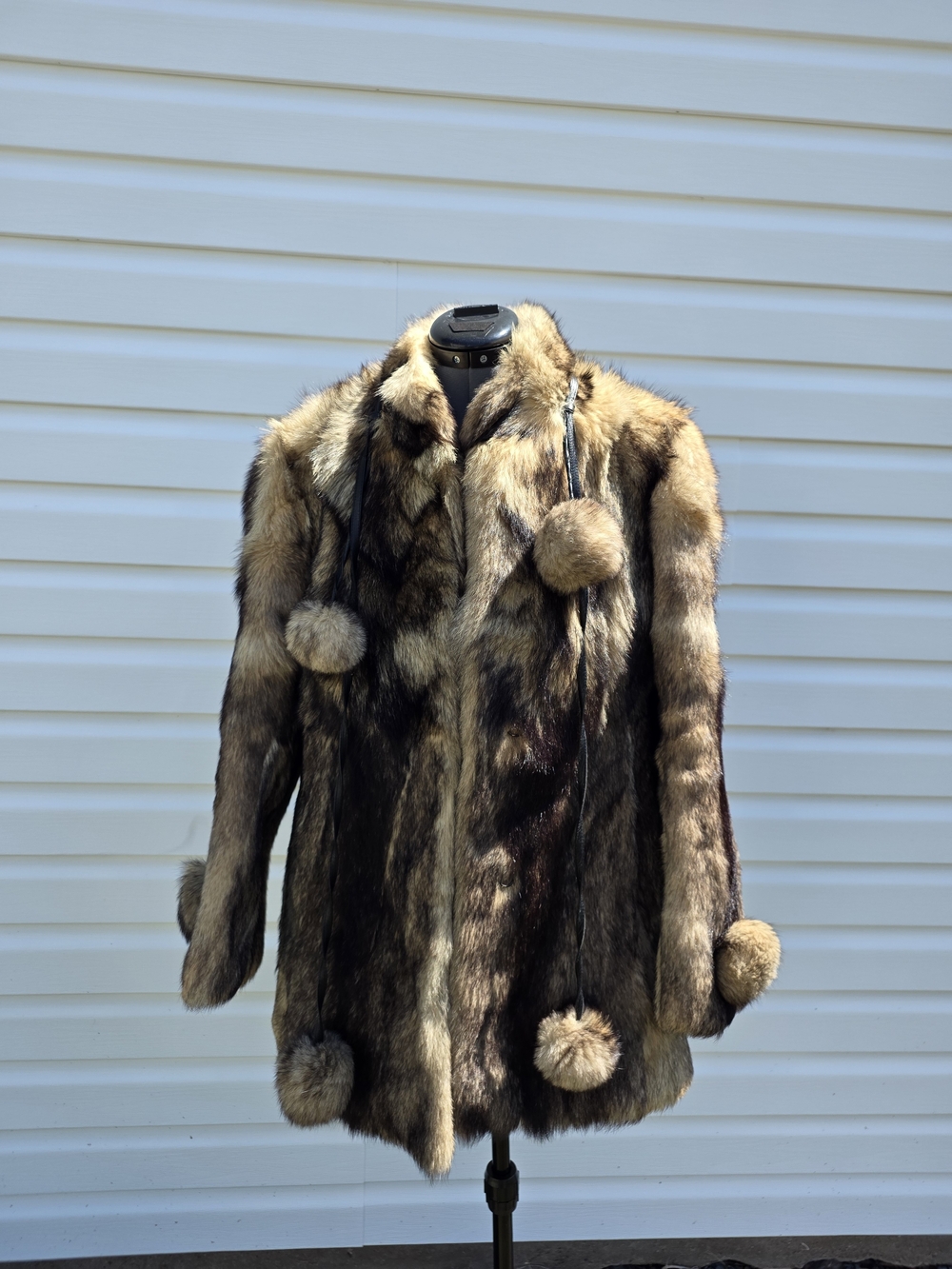 Vintage German Real Fur Coat Pom Pom Ties Genuine Pelt Jacket Echt Pelz EU 38